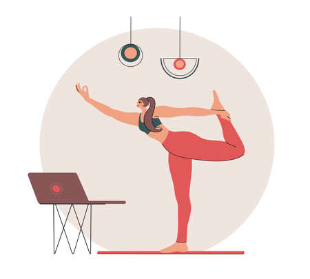 Woman doing yoga at home. Vector Illustration.のイラスト素材