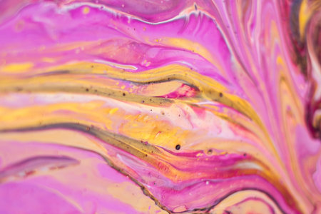 Fluid art painting. Abstract decorative marble texture. Background with liquid acrylic. Mixed paints for poster or wallpaper. Modern art. White, purple and golden colors.の写真素材