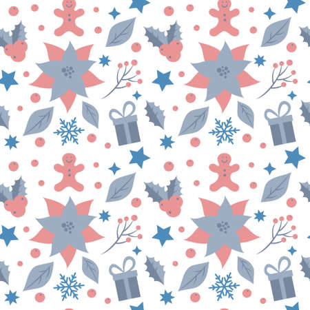 Seamless pattern with Christmas details in a flat style. Wrapping holiday paper. Modern flat art vector illustration. Snowflakes, a cookie, berries, leaves and a poinsettia flower. White background.のイラスト素材