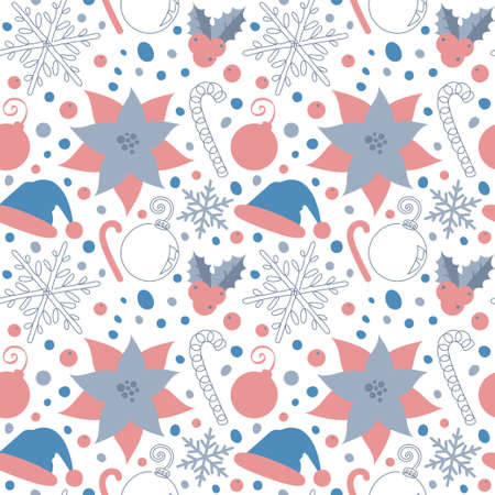 Seamless pattern with Christmas details in a hand drawn linear style. Wrapping holiday paper. Modern continuous line art vector illustration and abstract shapes. Snowflakes and a poinsettia flower.のイラスト素材