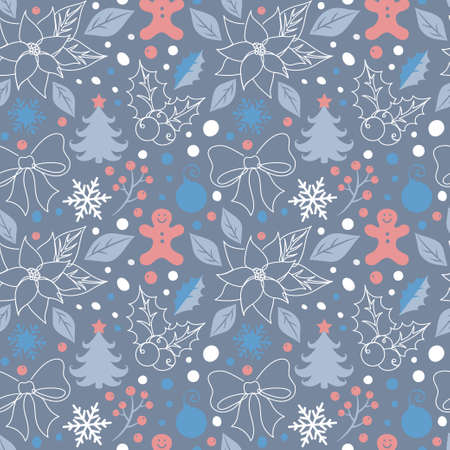 Seamless pattern with Christmas details in a hand drawn linear style. Wrapping holiday paper. Modern continuous line art vector illustration and abstract shapes. Snowflake and a poinsettia flower.のイラスト素材