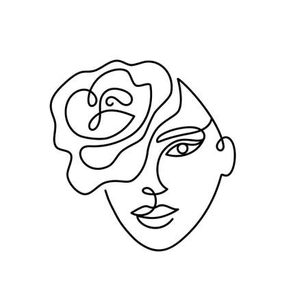 Face of an abstract woman with a rose flower in a modern abstract minimalist one line style. Continuous black line faces simple drawing. Isolated on white. Vector fashion illustration.のイラスト素材
