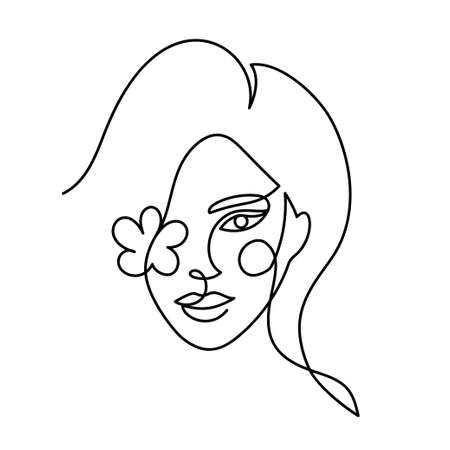 Face of an abstract woman with a flower in a modern abstract minimalist one line style. Continuous black line faces simple drawing. Isolated on white. Vector fashion illustration.のイラスト素材