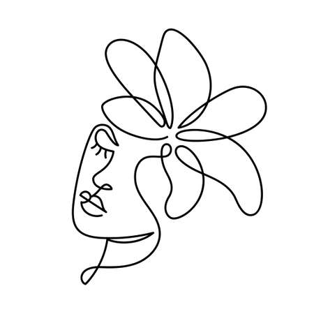 Face of an abstract woman with a flower in a modern abstract minimalist one line style. Continuous black line faces simple drawing. Isolated on white. Vector fashion illustration.のイラスト素材