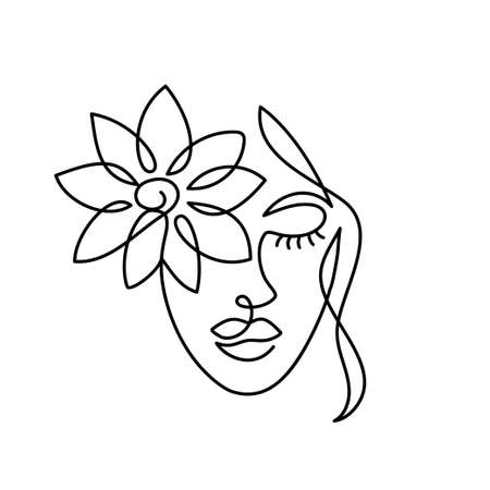Face of an abstract woman with a flower in a modern abstract minimalist one line style. Continuous black line faces simple drawing. Isolated on white. Vector fashion illustration.のイラスト素材