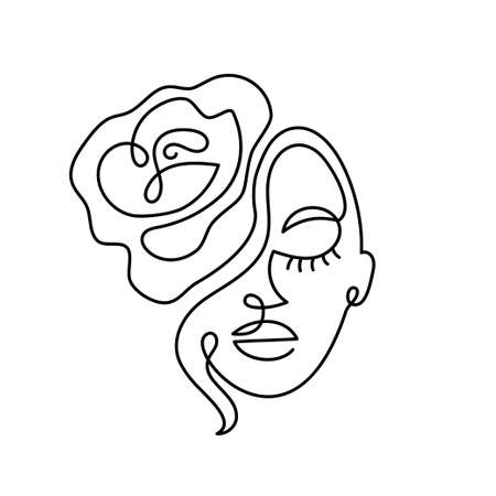 Face of an abstract woman with a rose flower in a modern abstract minimalist one line style. Continuous black line faces simple drawing. Isolated on white. Vector fashion illustration.のイラスト素材