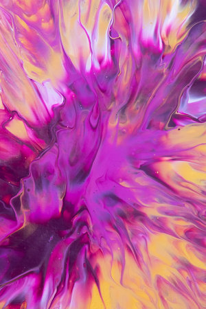 Fluid art painting. Abstract decorative marble texture. Background with liquid acrylic. Mixed paints for poster or wallpaper. Modern art. White, purple and golden colors.の写真素材