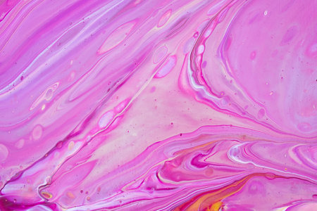 Fluid art painting. Abstract decorative marble texture. Background with liquid acrylic. Mixed paints for poster or wallpaper. Modern art. White, purple and golden colors.の写真素材