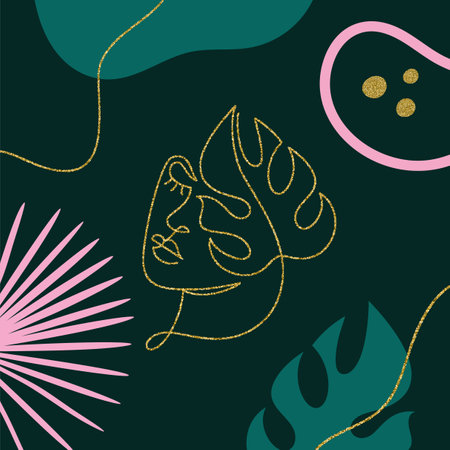 Abstract background with line art tropical leaves.のイラスト素材