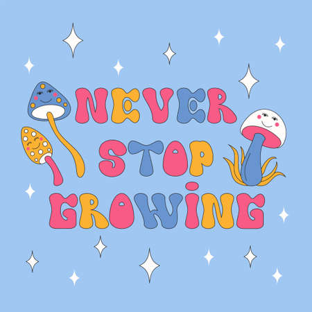 Retro mushrooms and sparkles on blue background.のイラスト素材