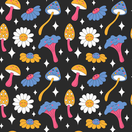 Retro mushrooms and sparkles on light background.のイラスト素材