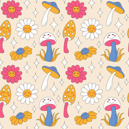 Retro mushrooms and sparkles on light background.のイラスト素材