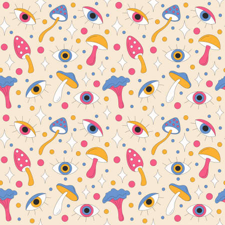 Retro mushrooms and sparkles on light background.のイラスト素材