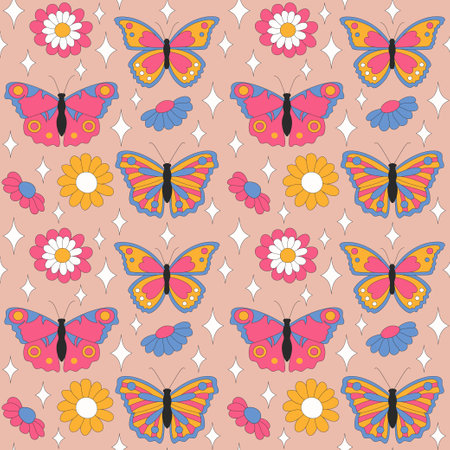 Retro daisies and sparkles on light background.のイラスト素材