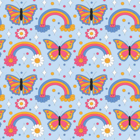 Retro daisies and sparkles on light background.のイラスト素材