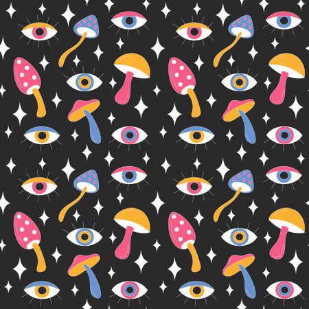 Retro mushrooms and sparkles on light background.のイラスト素材