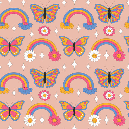 Retro daisies and sparkles on light background.のイラスト素材