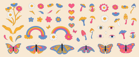 Set with retro elements. Daisies with smiles.のイラスト素材