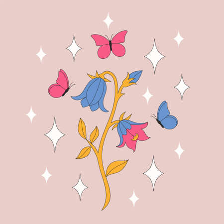Retro bluebell with beautiful butterflies and sparkles.のイラスト素材