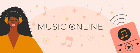 Afro woman with earphones listening to a music.のイラスト素材