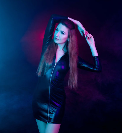 Futuristic woman. Portrait of a girl fashion model with a long hair.の写真素材