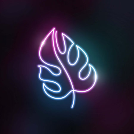 Neon monstera leaf in a modern abstract minimalist one line style.の写真素材