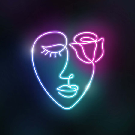 Neon face of a woman in a modern abstract minimalist one line style.の写真素材
