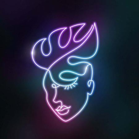 Neon face of a woman in a modern abstract minimalist one line style.の写真素材