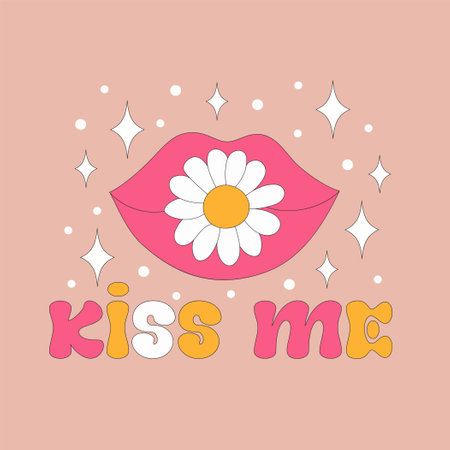 Retro style kiss me text, groovy hippie backgrounds.のイラスト素材