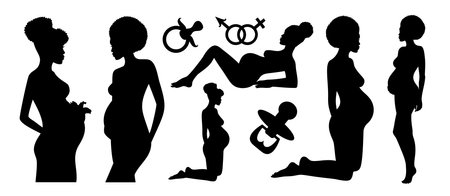 Silhouettes set of an African pregnant women. Vector illustration.のイラスト素材