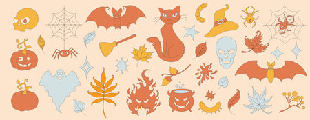 Pumpkin, spider, skull, web, bat, cat, hat.のイラスト素材