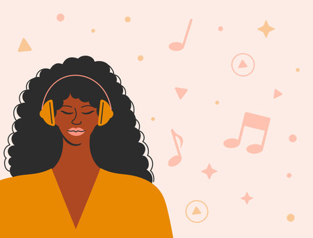 Afro woman with earphones listening to a music.のイラスト素材
