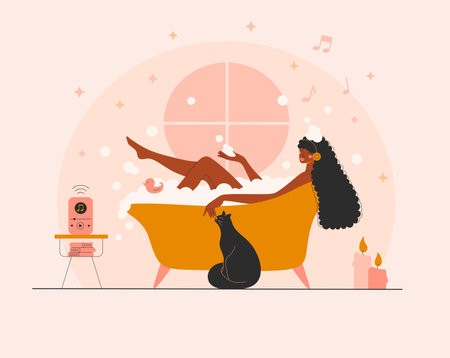 Beautiful young afro woman taking a relax bath.のイラスト素材