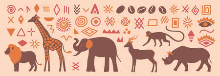 Abstract African set with abstract minimalist wild animals.のイラスト素材