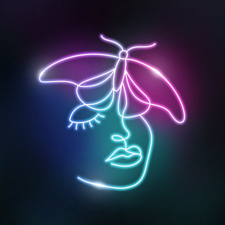 Neon face of a woman in a linear style.の写真素材