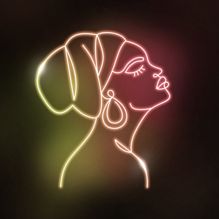 Neon face of a Afro woman in a linear style.の写真素材
