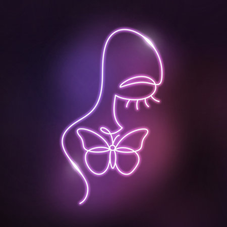 Neon face of a woman in a linear style.の写真素材