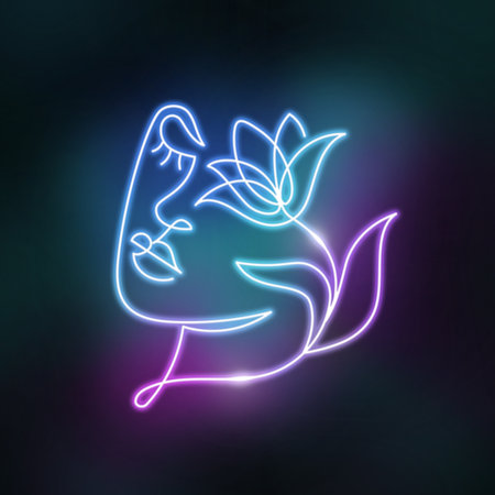 Neon face of a woman in a modern abstract linear style.の写真素材
