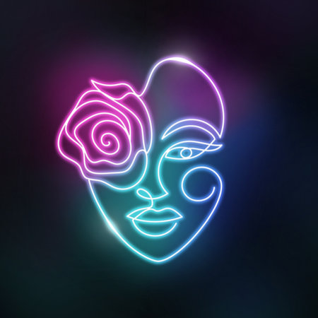 Neon face of a woman in a modern abstract linear style.の写真素材