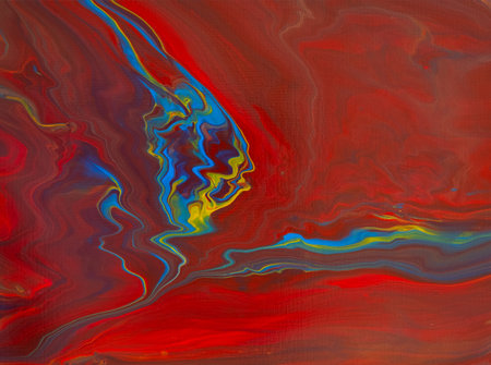 Fluid art painting. Blue, golden, red, yellow, orange.の写真素材