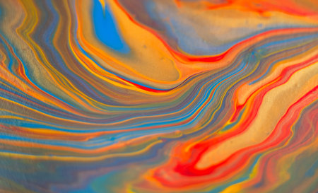 Fluid art painting. Blue, golden, red, yellow, orange.