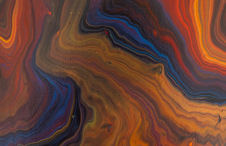 Fluid art painting. Blue, golden, red, yellow, orange.の写真素材