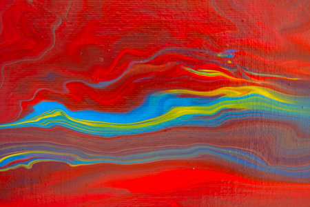 Fluid art painting. Blue, golden, red, yellow, orange.の写真素材