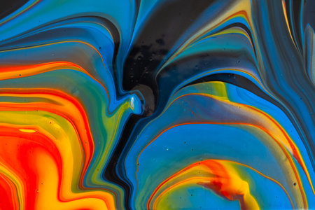 Fluid art painting. Blue, golden, red, yellow, orange.の写真素材