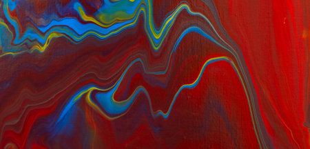 Fluid art painting. Blue, golden, red, yellow, orange.