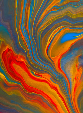 Fluid art painting. Blue, golden, red, yellow, orange.の写真素材