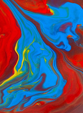Fluid art painting. Blue, golden, red, yellow, orange.の写真素材