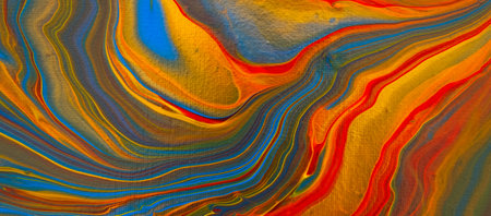 Fluid art painting. Blue, golden, red, yellow, orange.の写真素材