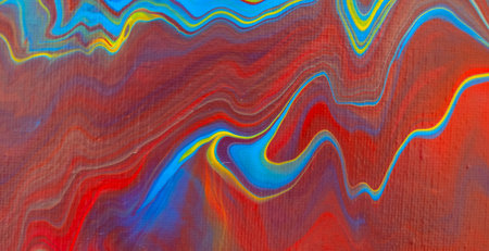 Fluid art painting. Blue, golden, red, yellow, orange.の写真素材