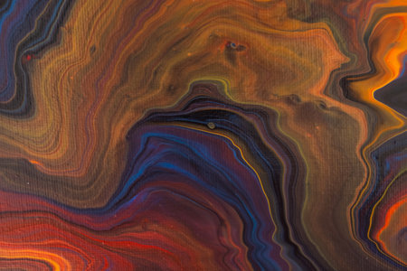Fluid art painting. Blue, golden, red, yellow, orange.の写真素材